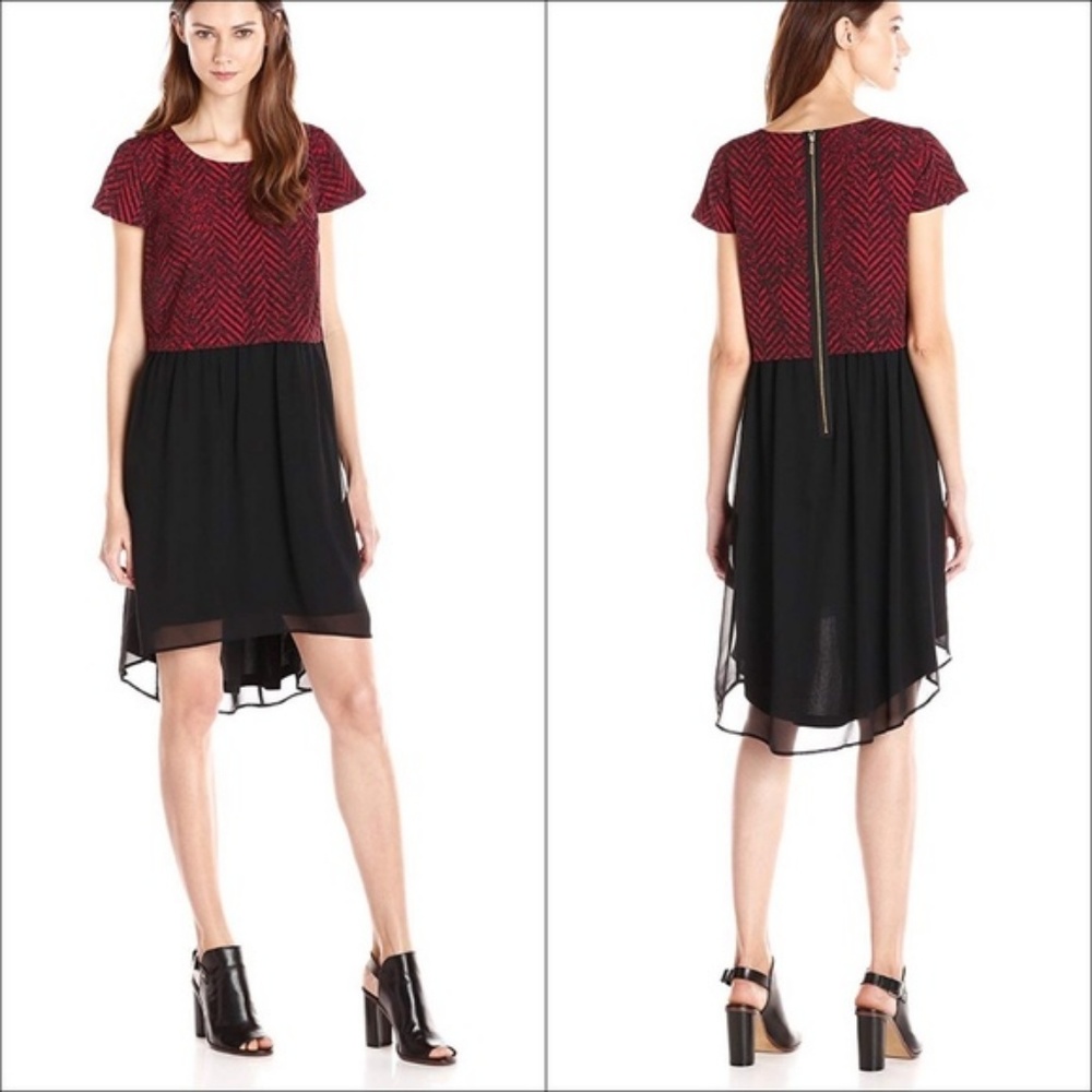 KENSIE Chiffon Hi-low Chevron Sheath Dress Size Medium Red Black Mesh Skirt NWT